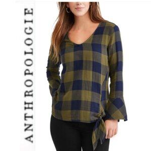 Anthropologie Cloth & Stone Plaid Tie-Front Hi-Low Blouse Medium Navy Olive